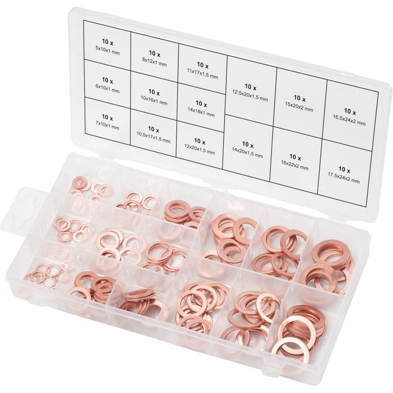KS Tools 970.0040 Copper sealing rings assortment, Ø 5-17.5mm, 150