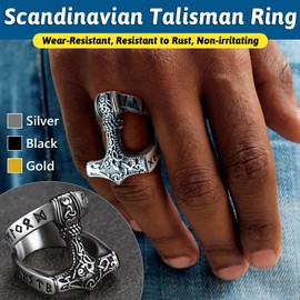 FaithHeart Viking Rings for Men, Stainless Steel Norse Thors Hammer Band Ring with Vintage Nordic Runes, Vikings Jewelry Male Stuff