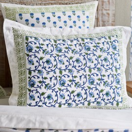 Saffron Marigold Pillow sham Blue Floral Moonlit Taj, Quality Cotton, Fair Trade, Boho Bedding, Farmhouse Kitchen Style, Vintage Floral Design, 27 x 21 in