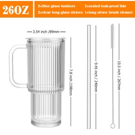 26 oz Ribbed Glass Tumbler with Handle Lid and Straw, 2 Pack Ripple Large Iced Coffee Cups with Straws, Aesthetic Glass Travel Tumbler for Hot & Cold Beverages, Smoothies, Tea and Juice - Clear