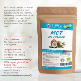New: Organic Coconut MCT Oil Powder - C8 & C10 - Perfect for Keto - No Carbs - Healthy Fats and Fibre - Unflavoured - Vegan (300g Powder Pouch)