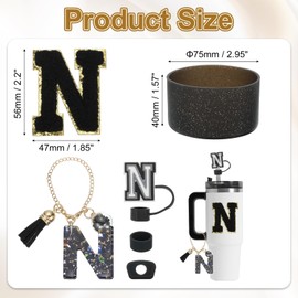 uxcell 6Pcs Cup Accessories Set for Cup Tumbler with Handle, Including Silicone Straw Cover, Boot, Spill Proof Stopper, Handle Charm, Initials Sticker(Letter N, Black)