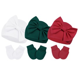 Century Star Newborn Girls Hats Baby Hat and Mitten Set Big Bow Knit Infant Headbands Winter Baby Hat for Girls E White & Red & Green 0-3 Months