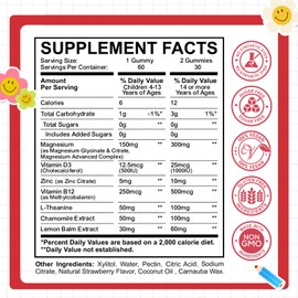 Kids Magnesium Glycinate Gummies, Magnesium for Kids & Adults with Citrate, Zinc, Vitamin D3, B12, L-Theanine Supplement for Sleep Bone & Muscle Mood, Strawberry, 60ct