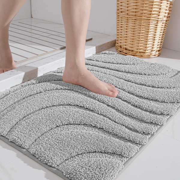 DEXI Bath Mat 40 x 60 cm, Microfibre Bath Mat, Non-Slip Bath Mat, Extra Absorbent, Soft Bathroom Mat, Light Grey
