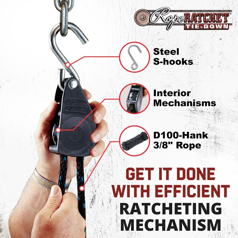 Rope Ratchet 3/8" Block and Tackle Pulley System, Adjustable Hoist