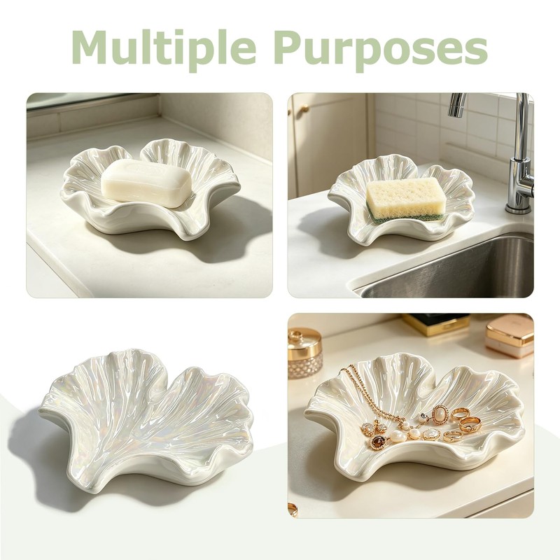 Ceramic Ginkgo Soap Dish, Self-Draining Tray White