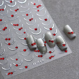 French Tip Nail Art Stickers Silver Self Adhesive Nail Decals with Red Heart Rhinestone 1PCS Silver French Line Stripes 5D Engraved Nail Stickers Y2K Curve Manicure Supply for Women Decoration
