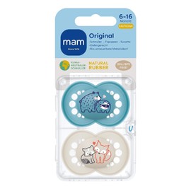MAM Original Latex Dummies, Set of 2, Dummies Made from Sustainable, Organic Renewable Materials, Baby Dummy with Symmetrical and Orthodontic Teat, 6–16 Months, Bear/Fox.