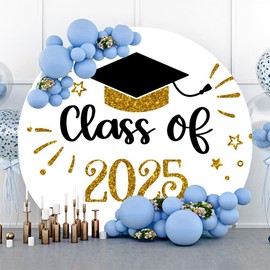 Canessioa Class of 2025 Round Backdrop Cover Congrats Grad 2025 Graduation Party Decoration Circle Backdrop Cover Gold Black Bachelor Hat School Prom Party Background Studio Props 7.2ft