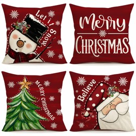 NIGHTWISH Red Christmas Decor Pillow Covers 18x18 Set of 4 Snowman Let It Snow Believe Santa Claus Throw Pillow Covers Merry Christmas Xmas Tree Winter Holiday Cushion Case Decorations for Sofa Couch