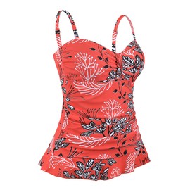Hilor Traje de baño tankini con fruncido retro de los años 50 para mujer con dobladillo con volantes, Floral rojo y blanco, 8