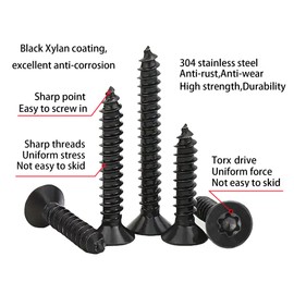 M4 x 20 mm Torx Countersunk Wood Screws Black Xylan Coated Self-Tapping Screws Made of 304 Stainless Steel for Wood Full Thread Woodworking Fixing (Pack of 100)