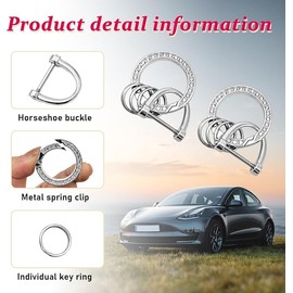 2PCS Bling Car Keychain, Crystal Diamond Key Fob with D-Ring and 3 Key Rings, Sparkly Car Accessories for Women Girls (Silvery, One size)