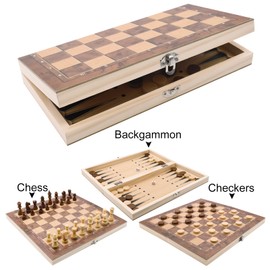 Children's Wooden Chess Game, 3-in-1 Chess, Portable Chess Board, Foldable Chess Board, Lockable Case, Chess Set for Party, Family Activities, Travel Chess, Children (29 x 29 x 2 cm)