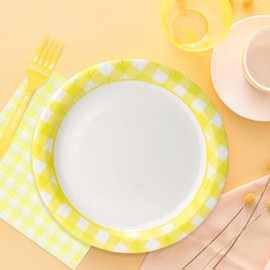 UVTQSSP 96Pcs Party Plates and Napkins Sets, Yellow Gingham Checkered Paper Plates and Napkins Party Supplies for Picnic Birthday, Serve for 24 Guests, Yellow and White