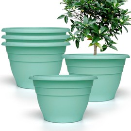 RooTrimmer 11 Inch Plant Pots, 3 Pack Planters for Indoor Ourdoor Plants, Round Plastic Flower Pots, Large Planters with Drainage Hole and Plug, Yellow, Gray