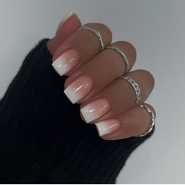 Gradient Pink Nails Press on Ombre Fake Nails,Pink and White Short Ombre Nails,Press on Nails Short Square,SXVME Glue on Nails Short,French Acrylic Nails Gel Nails,False Nails for Women in 24PCS