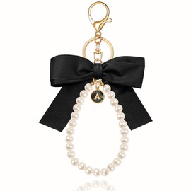 XGALBLA Black Initial Letter Cute Bow Keychain for Women, Wristlet Simulated Pearl Key Chains Bag Charms for Car Key Handbags Backpacks Coquette Bow Keychain Accessories(Shell Letter A)