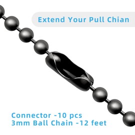 Ceiling Fan Pull Chain Extender, 12Feet 3mm Diameter Beaded Ball Fan Light Extension Pull Chain with 10 Matching Connectors (black)