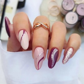JUSTOTRY 24 Pcs Plum Red Press on Nails Medium Designs,Glossy False Nails Short Oval,Glitter Swirl French Almond Stick on Nails for Women and Teens,Fake Nails for Girls Nails Art