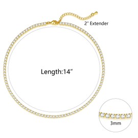 Luxval Tennis Necklace 14K Gold Plated Choker Necklaces for women Dainty Zirconia Cut Faux Diamond chain 3mm Width 14Inches