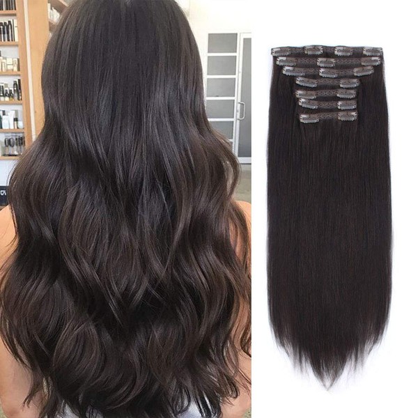 Lovrio 9A Grade Black Human Hair Extensions Clip in Hair, Off Black Color Invisible Double Weft Remy Straight Virgin Hair 120g 7 pcs 18 clips 20 inch