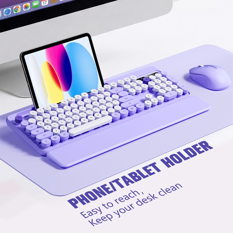 Hamile Wireless Keyboard and Mouse Combo, Retro Typewriter Style, Purple