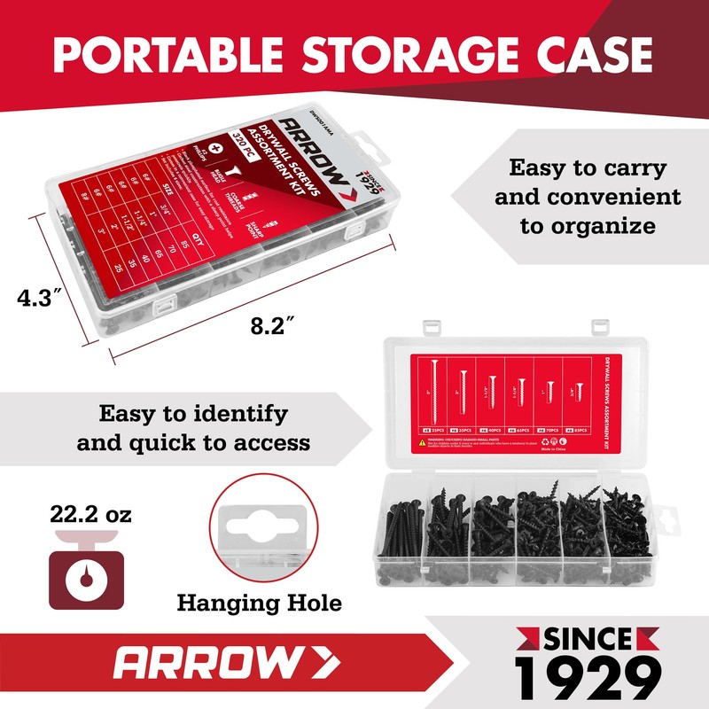 Arrow Drywall Screws Assortment Kit, 320pcs #6 & #8 Black