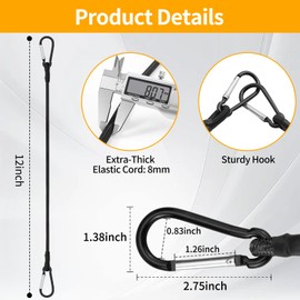 8 Pack Bungee Cord with Hooks, 12 Inch Adjustable Heavy Duty Carabiner Bungee Cord with Black Bungee Straps & Hooks, High Break Strength for Outdoor Luggage Rack, Cargo, Hand Carts, Bike, Camping Gear