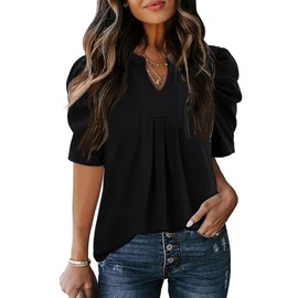 Bashafo Black Shirts for Women Summer Short Sleeve Tops V Neck Casual Puff T-Shirts Basic Cute Tops for Women Casual Elegant L