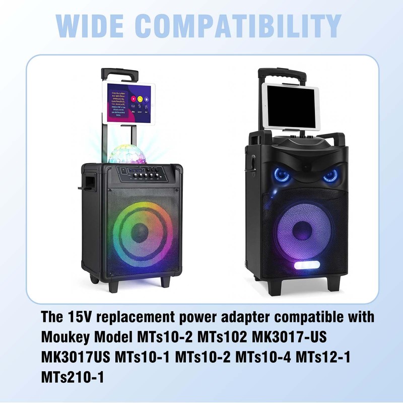 15V Power Supply Compatible with Moukey Karaoke Machine for MTs10-1