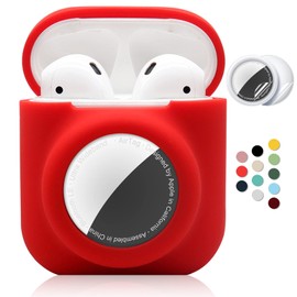 2 in 1 Silicone Protective Skin Cover Compatible with AirPod 1&2 and AirTag, Soft Comprehensive Protective Case with 2 PCS TPU Screen Protector, Anti-Scratch Anti-Fall Anti-Lost(Red)