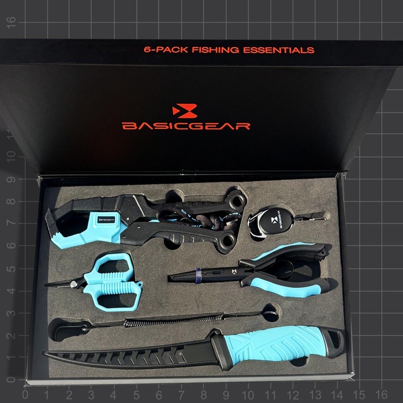 BasicGear Fishing Tool Kit, Pliers, Gripper, Scissors, Knife, Blue