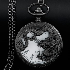 Alwesam Black Dragon Design Quartz Pocket Watch Roman Numerals with Chain Birthdays Gifts for Father's Days