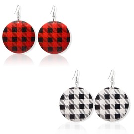 KaFu Christmas Plaid Print Wooden Earrings Lightweight Geometric Bohemian Christmas Plaid Big Round Wood Dangle Drop Earrings for Women Statement Jewelry (2 pairs)