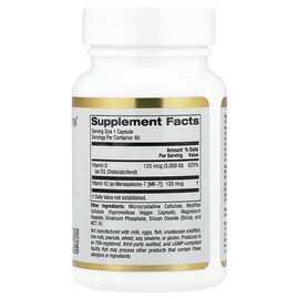 California Gold Nutrition, Vitamin D3 + K2(MK-7), 60 Veggie Capsules / California Gold Nutrition (캘리포니아골드뉴트리션), 비타민D3 + K2(MK-7), 베지 캡슐 60정