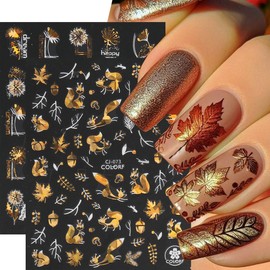 9 Sheets Fall Nail Stickers 3D Self-Adhesive Autumn Maple Leaf Nail Art Stickers Flower Leaves Tree Squirrel Design Glitter Gold Nail Decals Thanksgiving Nail Art Supplies for Women Manicure Tips