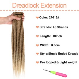 Mscat Synthetic Dreadlock Extensions 18 Inch 0.6 cm Width Thin SE Dreads 40 Strands Handmade Reggae Style Loc Extensions Hippie Crochet Hair for Women 27613#