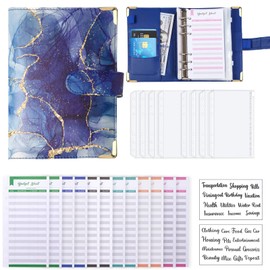 Budget Binder, A6 Marble PU Leather Binder, Money Organiser, Budget Planner with 8 Zip Cash Envelopes, 12 Issues Budget Sheets for 2 Letter Label Stickers (Dark Blue)