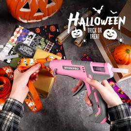 WORKPRO Hot Glue Gun Full Size - 60/100W Dual Temp Glue Gun and Sticks Set with 10 PCS Glue Sticks (7/16") - 90S Fast Preheating Hot Glue Gun for Construction, Crafting, DIY and Repairs - Pink Ribbon