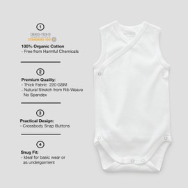 Organic Cotton Baby Girl Clothes & Baby Boy Sleeveless Kimono Onesie, Off-White Sleeveless Bodysuit, 220 GSM Premium Fabric, Unisex Newborn Baby Clothes, Snap Button, Rib Weave, Snug Fit, 3-6 Months