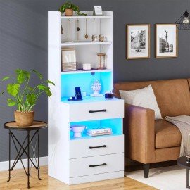 Tall Night Stands, Nightstand with Charging Station, LED Bedside Table,White
