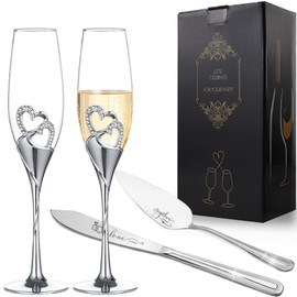 VARLKA - Juego de cuchillos para tartas de boda, copas de champaña para regalos de boda, copas de champaña para regalos de despedida de soltera, juego de corte de pasteles para boda