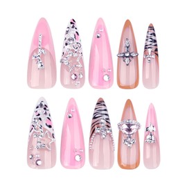 MISUD Press on Nails Long Stiletto Fake Nails Glossy Glue on Nails Pink Cheetah Acrylic Nail Supplies Almond Artificial Nail Art Y2K Cross Rhinestone Stick on False Nails with Design DIY 24 pcs