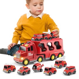 Dudode Car Toy, Mini Car, Police Truck, Children's Car, Toy, 7 in 1 Truck, Friction Powered Toy, Boys Ranking, Birthday, Gift, Christmas (7-in-1 Fire Truck)