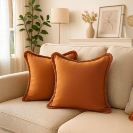 2 pcs 18x18 in Pillow Covers, Decorative Throw Pillows for Couch, Cotton Material with Tassel, Decorative Square Cushion Case for Living Room, Couch Pillowcase in Warm Earthy Orange (NO Insert)