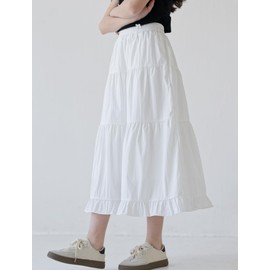 SEAUR Maxi Skirt Girls' Summer Long Skirt Elegant Summer Skirt Ruffle Hem Maxi Skirt Elastic Waist Children 130-165 (EU 122-164), White