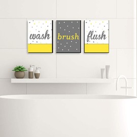 Big Dot of Happiness Yellow and Gray - Kids Bathroom Rules Wall Art - 7.5 x 10 inches - Set of 3 Signs - Wash, Brush, Flush