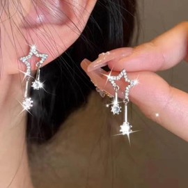 TseenYi Cz Star Dangle Drop Earrings Silver Crystal Dangle Earrings Sparkly Rhinestone Star Earrings Long Crystal Tassel Dangle Earrings Jewelry for Women and Girls Gifts